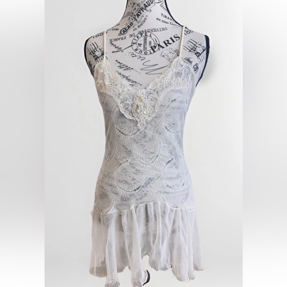Vintage 80s 90s Cinestar Coquette Whimsey Fairy Lingerie Lace Sequin Slip Dress